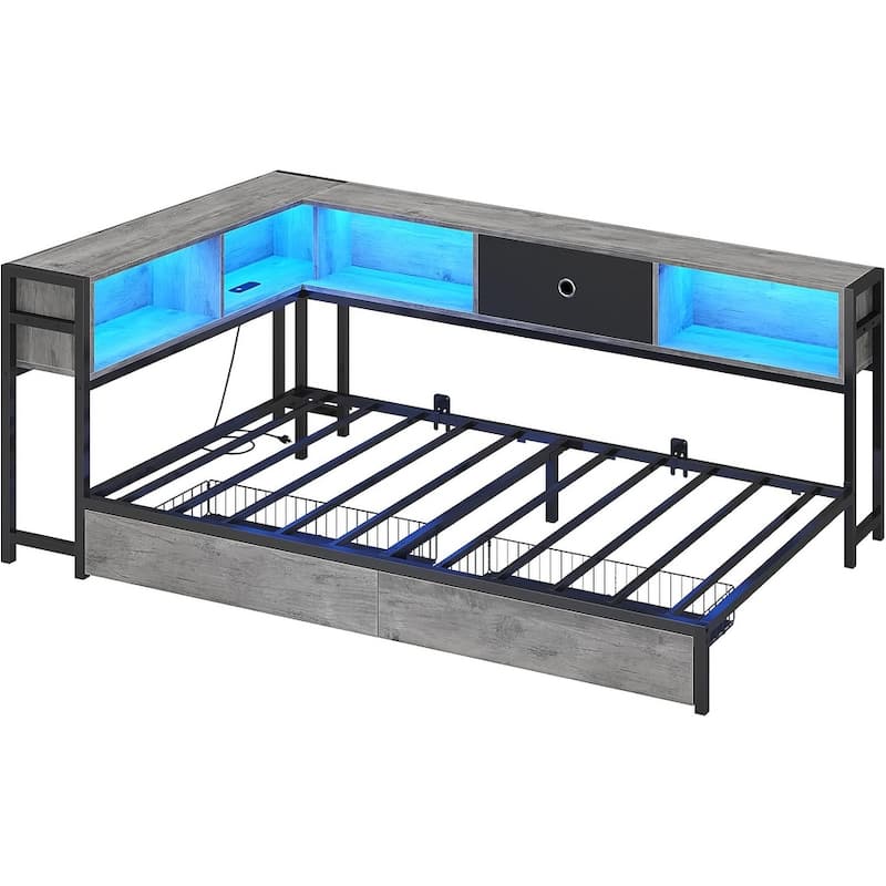 Daybed with 2 Drawers Platform Bed Frame LED Light Charging Station