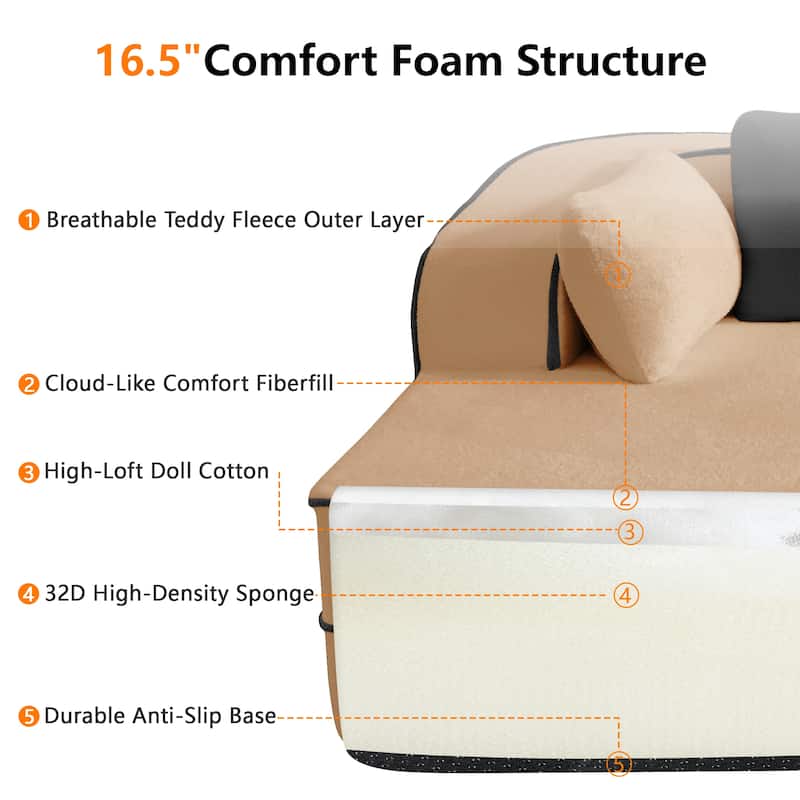 Roomfitters No Assembly Modular Sofa, 106 Inch Teddy Fabric Floor Couch with Chaise, Camel