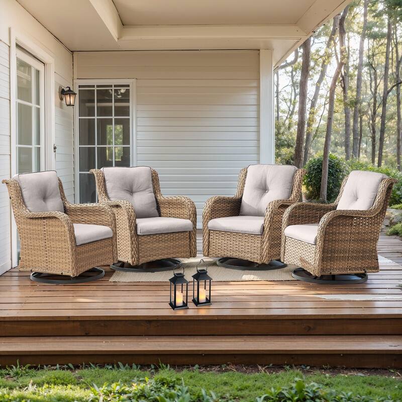 Pocassy 4 Pieces Outdoor 4 Inch Swivel Glider Chairs - Beige cushion - Yelllow Wicker