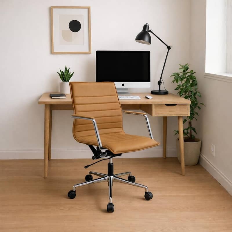 Modern Office Desk Chair | Upholstered PU Leather Ribbed Mid Back with Metal Frame | Adjustable Height, Tilt Lock