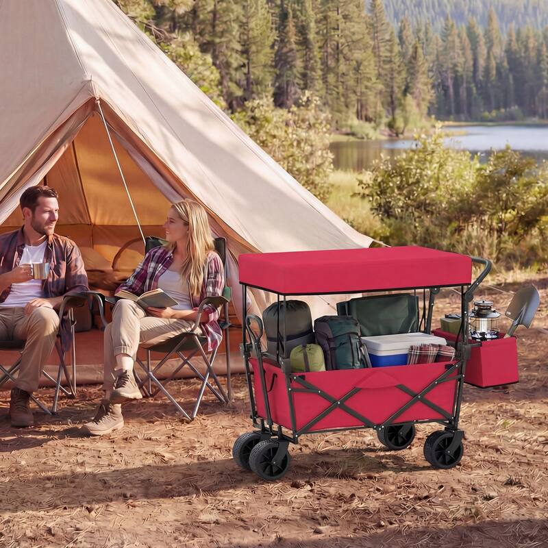Gymax Collapsible Wagon w/Removable Canopy Adjustable Handles
