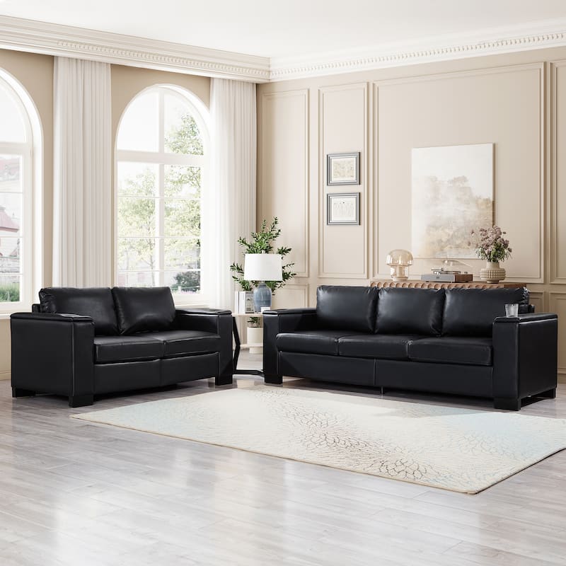 PU Leather Loveseat Sofa & 3 Seater Lounge Couch Set with Cup Holders, Storage Armrests and Seat for Living Room, Office