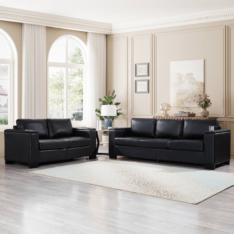 Roomfitters 2-Piece 2+3 Seater Sofa Set with Square Armrests, Faux Leather Couches with Cup Holder and Storage for Living Room
