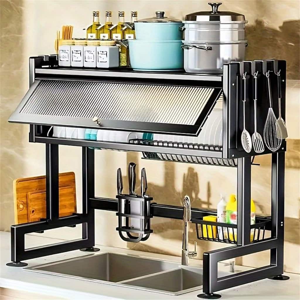 Sink Rack Kitchen Storage Cabinet Dish Drain Dust-proof Rack