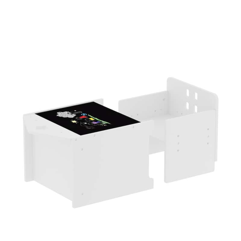 White Kids Table and Chair Set 2 in 1 Convertible Design with Writable Board Adjustable Height Durable MDF for Study and Play