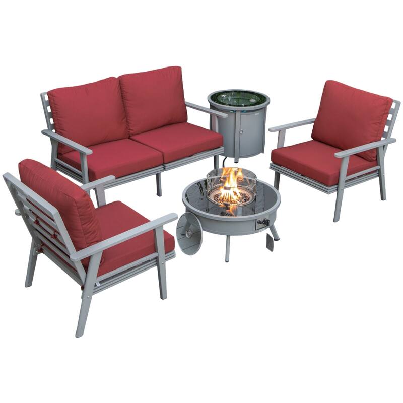Walbrooke 5-Piece Outdoor Powder-Coated Frame Patio Furniture Set with Fire Pit Table, Tank Holder and Polyester Cushions - Red