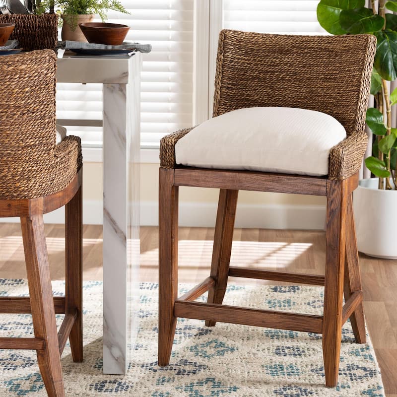 Ridley Seagrass Counter Stool with Mahogany Wood Frame - Coastal Seating with Woven Square Back and Cushioned Seat for Kitchen