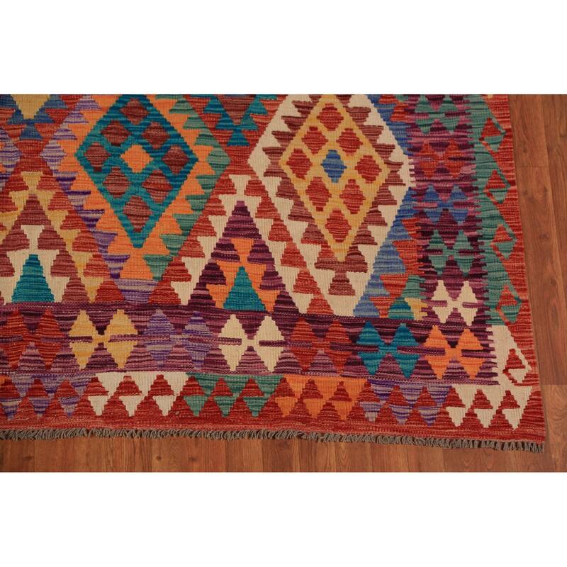 Colorful Kilim Oriental Area Rug Flatweave Orange Wool Carpet - 7'9"x 10'2"