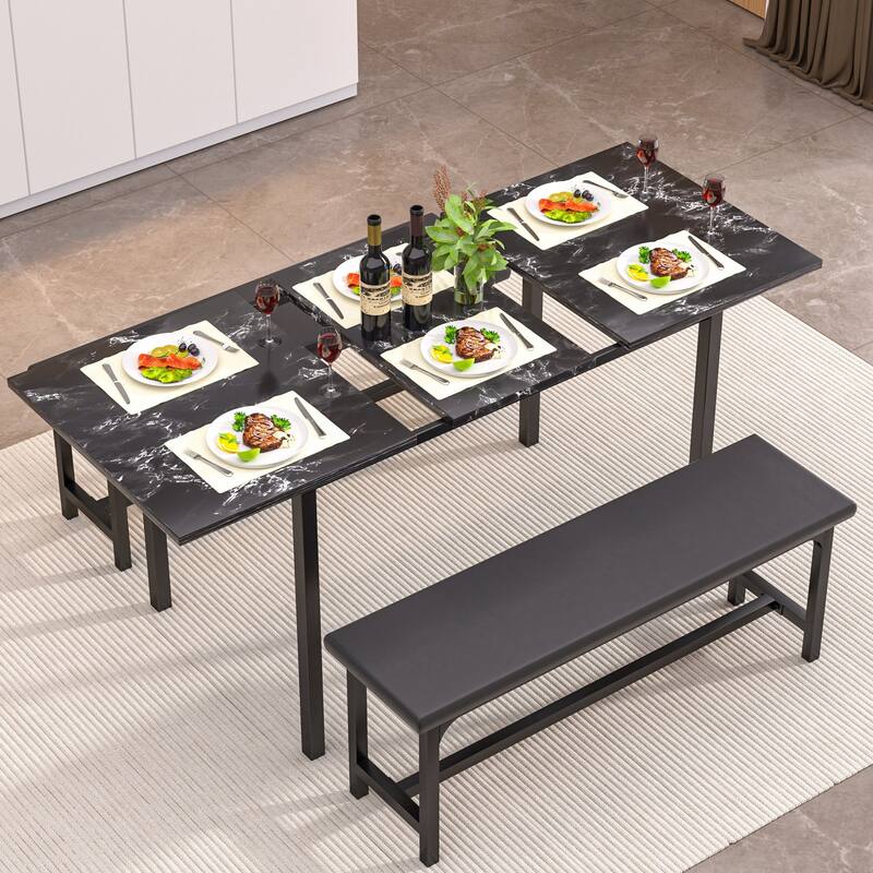 VECELO 3-Piece Dining Table Set with 2 Benches, 63" Extendable Kitchen Table & Chairs Set for 4-8, Dining Room Table