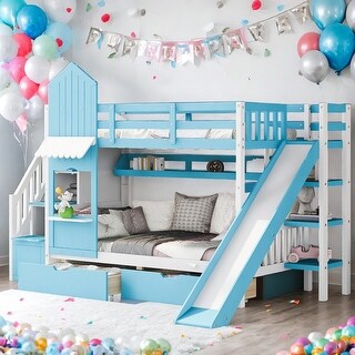 Artsy Twin over Twin Bunk Bed with 2 Drawers 3 Shelves and Slide, Sturdy construction & Extra Fun, Space-saving, Blue