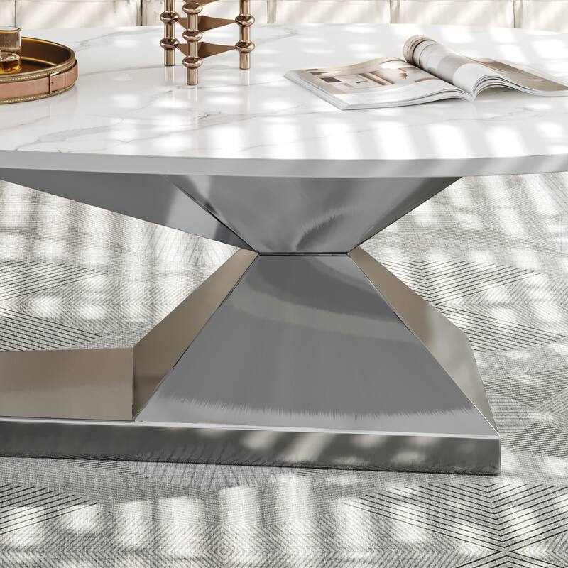 51 Inch Modern Sintered Stone Coffee Table with Stainless Steel Base