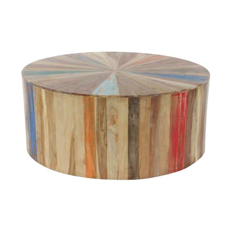 Brown Reclaimed Wood Handmade Pinwheel Drum Geometric Coffee Table with Colorful Painted Accents