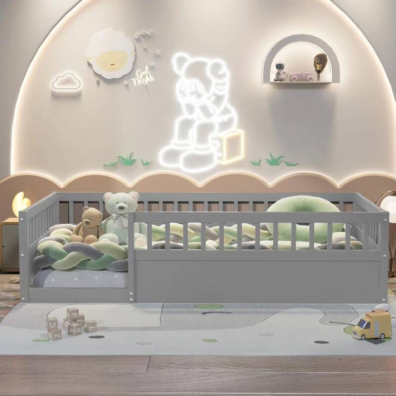 Twin Size Pine Floor Bed Frame with Fence