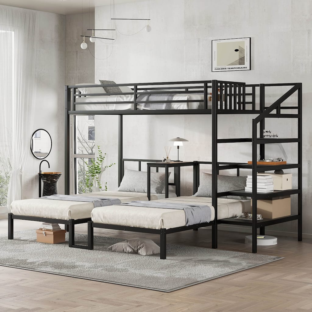 Roomfitters Twin XL over Twin & Twin Metal Triple Bunk Bed with Desk & Shelves, Space-Saving, Noise-Reduced Frame, Black