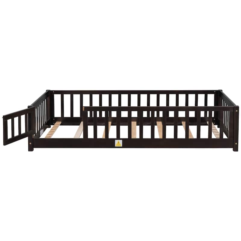 Twin size Floor Platform Bed with Fence and Door for kids, toddlers