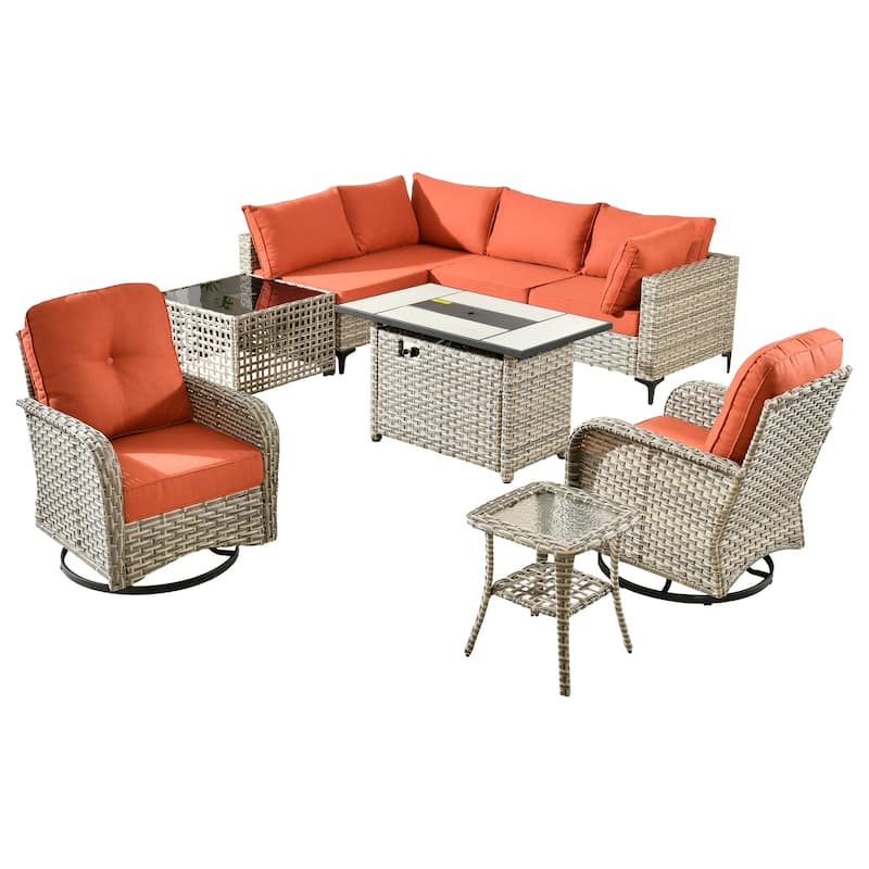 OVIOS 9 Pieces Outdoor Wicker Swivel Chair Set With Fire Table