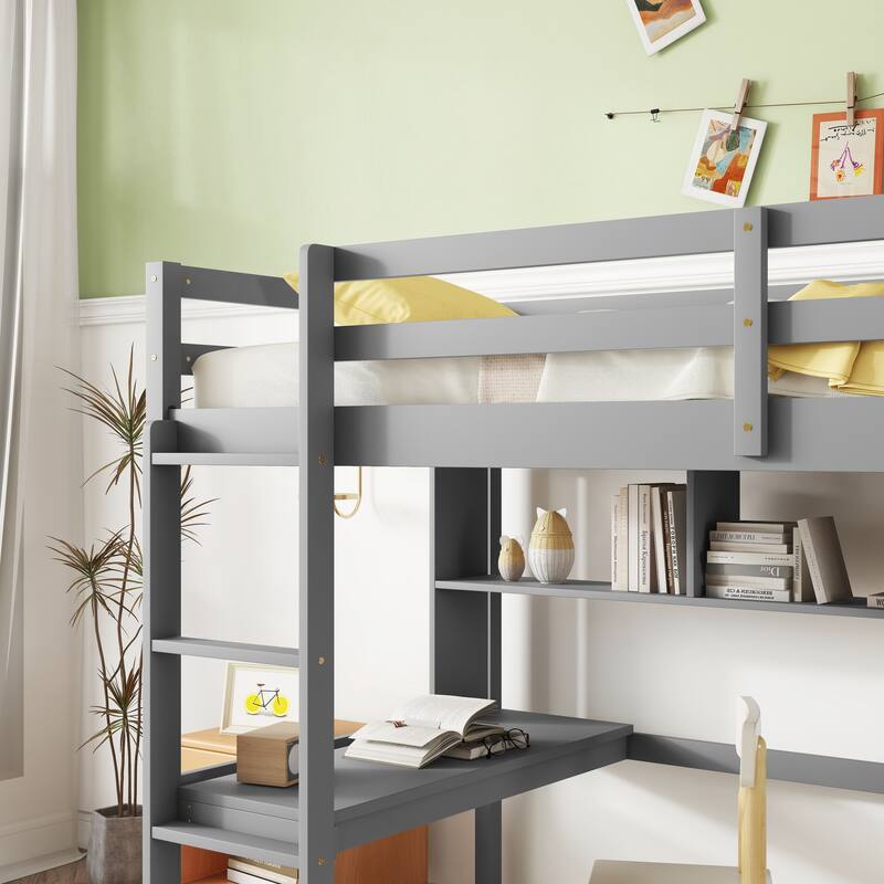 Twin Size Loft Bed with desk and shelves, Safety Guardrail and ladder