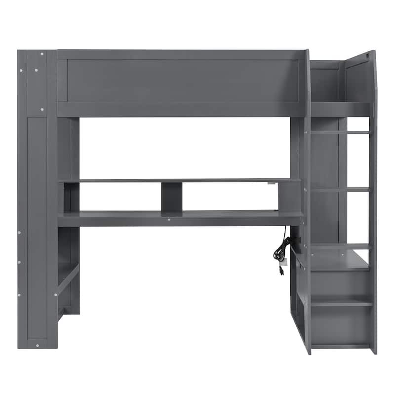 Dark Gray Twin Size Solid Wood MDF Gaming Loft Bed with Desk, Multi-storage Shelves, LED and Charging Station