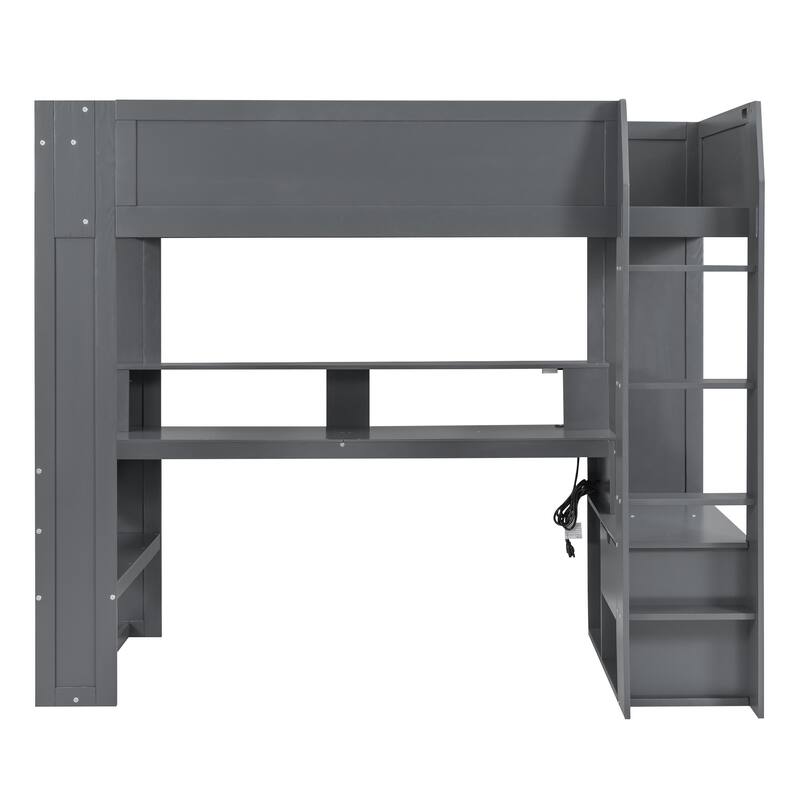Solid Wood MDF Gaming Loft Bed with Desk, Multi-storage Shelves, LED and Charging Station
