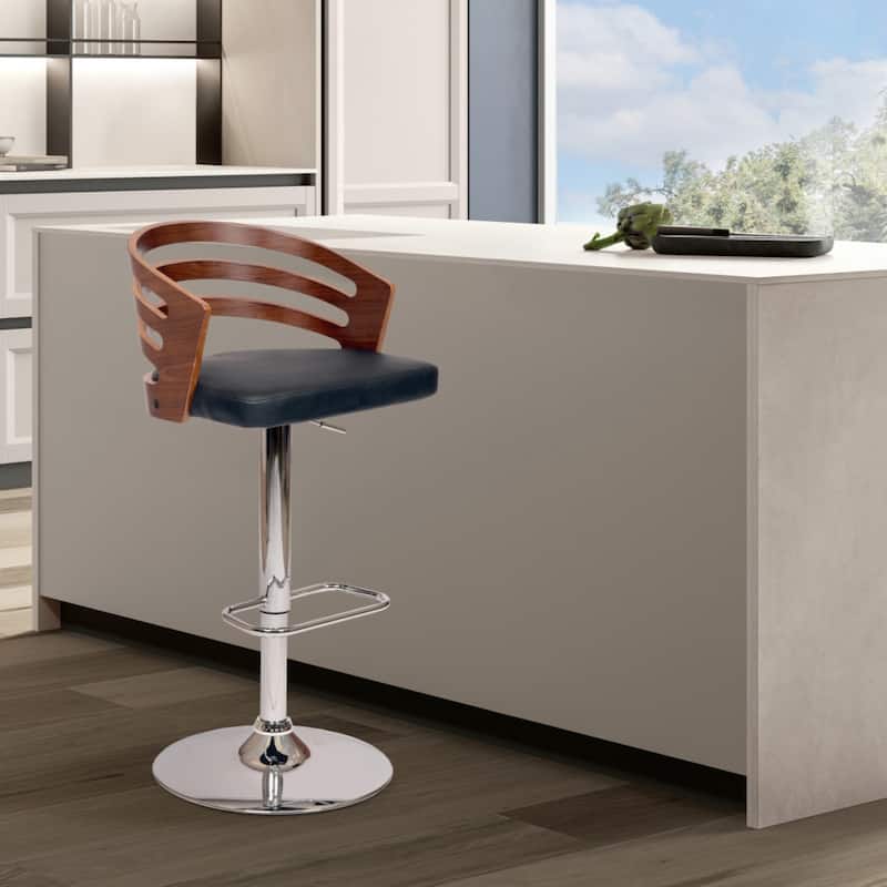 25" Adjustable Swivel Bar Stool with Chrome Base and Black Faux Leather Seat Low Back for Kitchen Island - 44"H x 19"W x 19"D