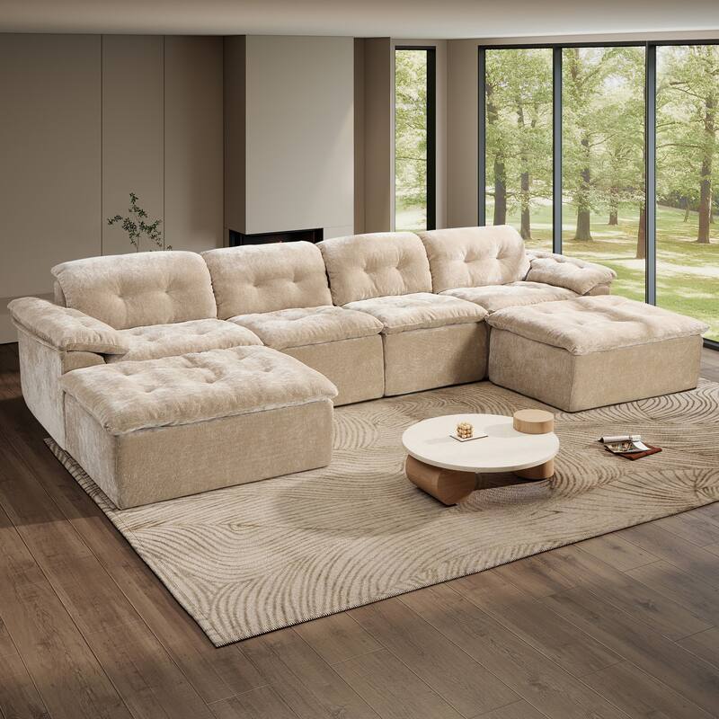 Rossetta 4-Seater Chenille Upholstery Modular Convertible Design Generous Seating Cushioned Sofa with 2 Versatile Ottomans -  Coffee