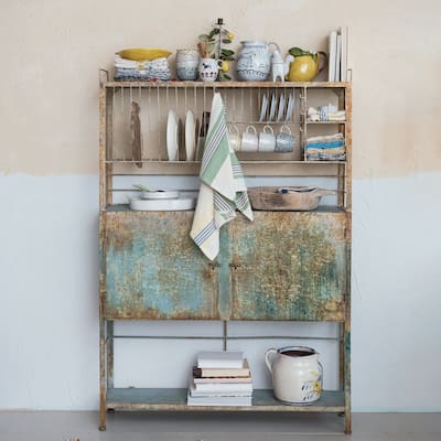 Heavily Distressed Metal Cabinet with Slatted Shelves