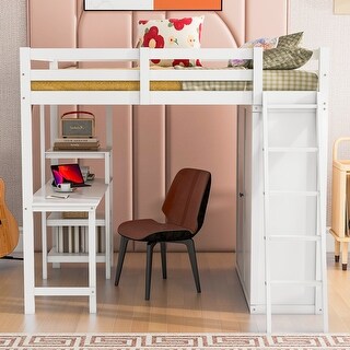 Multifunctional Design Loft Bed with Ladder, Guardrails, Wardrobe, Desk and Shelves, Full Size, White