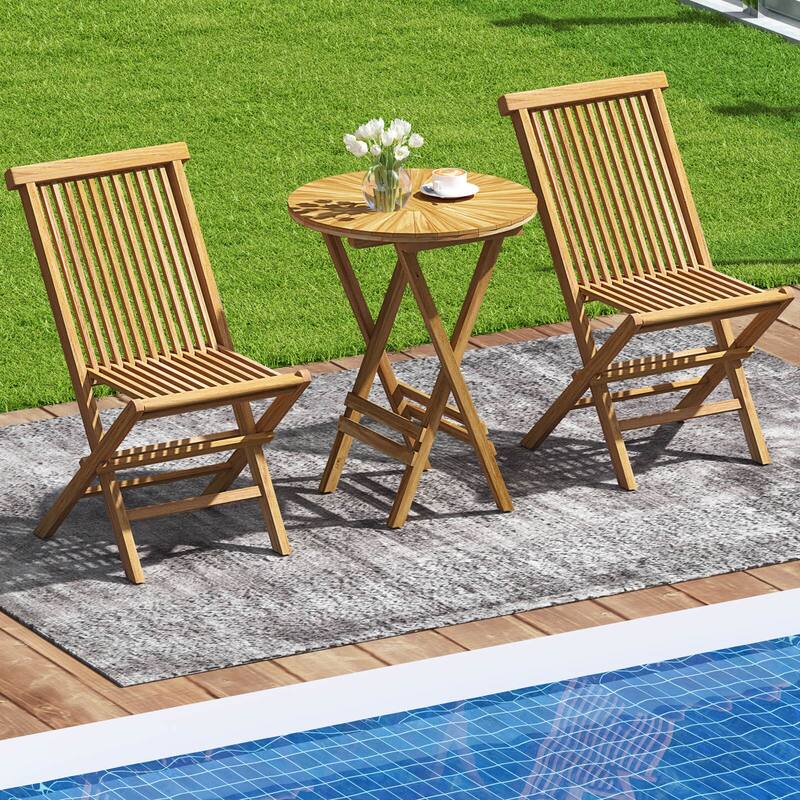 Costway 3 PCS Folding Patio Bistro Set Teak Wood Round Table and - See Details