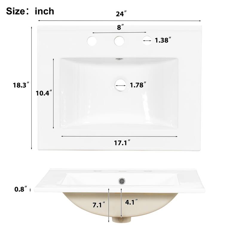 24" Bathroom Vanity with Ceramic Sink, Soft-Close Door, Double-Shelf Storage & 3 Drawers, Solid Wood Frame