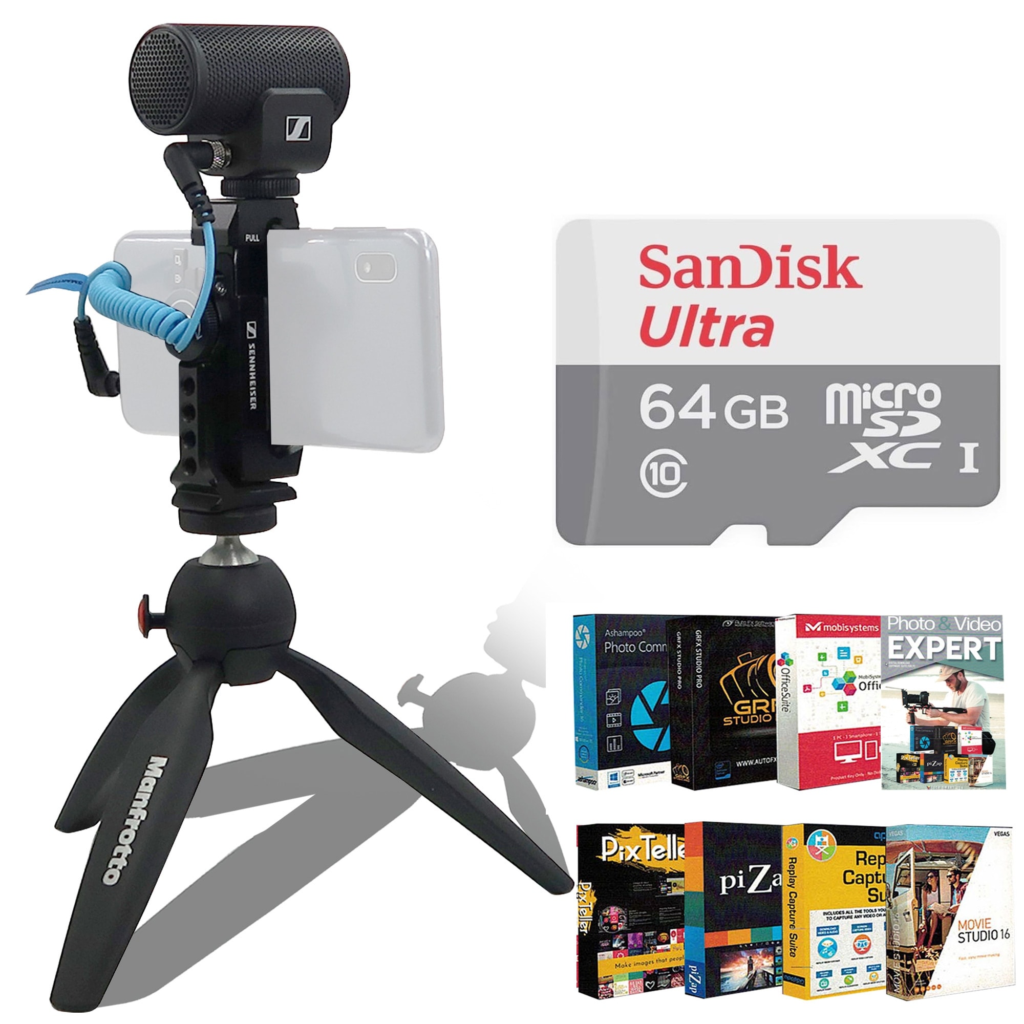 Sennheiser Professional MKE 200 Mobile Kit Microphone, Clamp, Tabletop Tripod + 64GB microSDXC Card + Photo Video Editing Suite