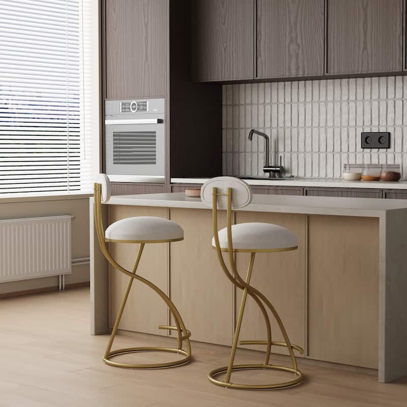 Metal Frame Round Bar Stool Set of 2, Armless Velvet Barstools w/Upholstered Back Counter Chair for Dining Room, Kitchen Island