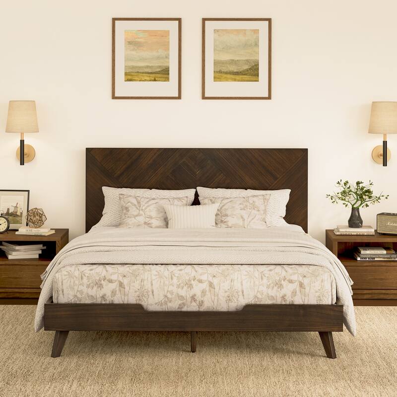 Mid-century Modern Solid Wood Bed Frame with Headboard - Queen