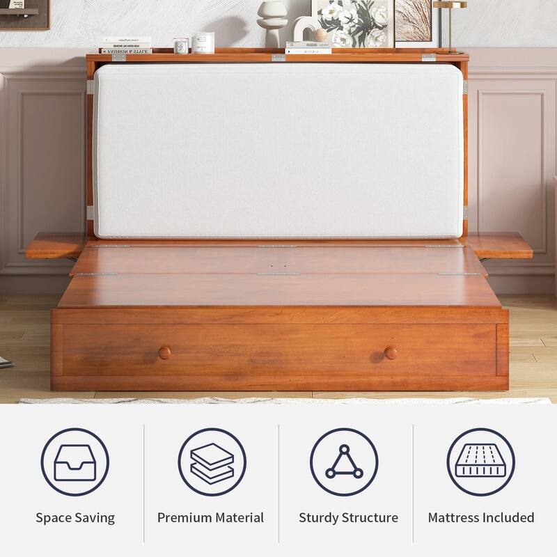 Mixoy Modern Murphy Bed Cabinet Chest with Mattress & Storage Platform