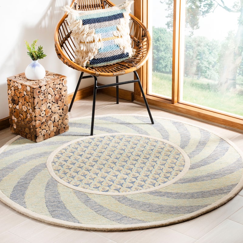 SAFAVIEH Handmade Novelty Linie Swirl Wool Rug - 6' Round - Ivory Blue/Gold