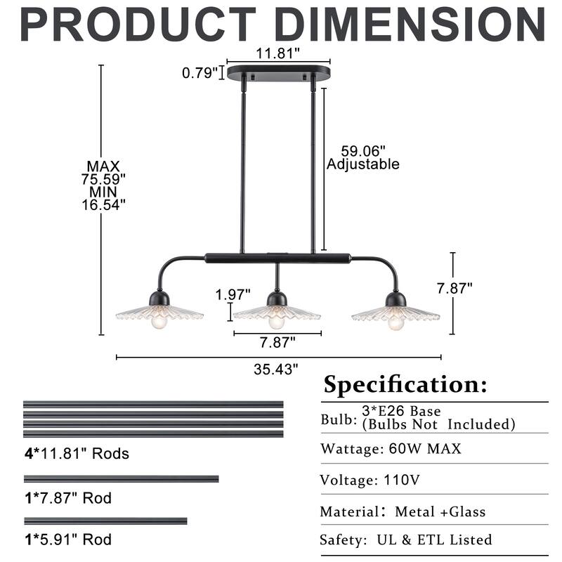 3-Light Black Linear Pendant Light with Pleated Clear Glass Shades - Dia.35.43-in