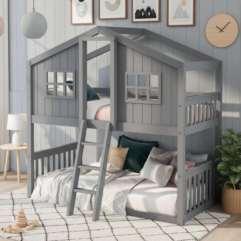 Twin-Over-Twin Wooden Bunk Bed with Storybook House Frame by Harper&Bright Designs - Grey