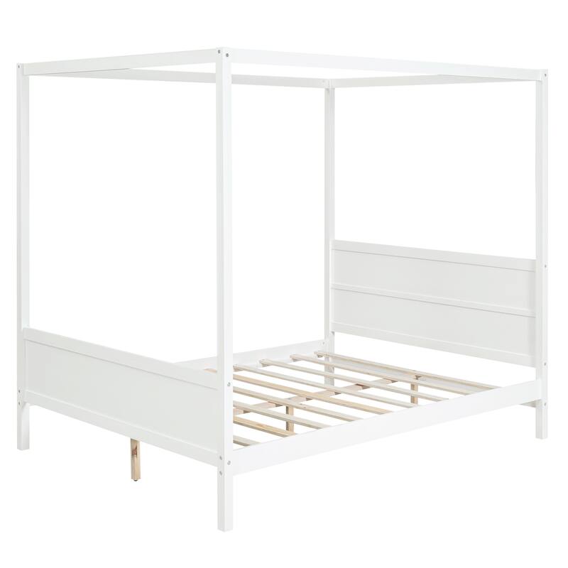 White Modern Pine Wood Canopy Bed, Headboard/Footboard, Storage Space Under