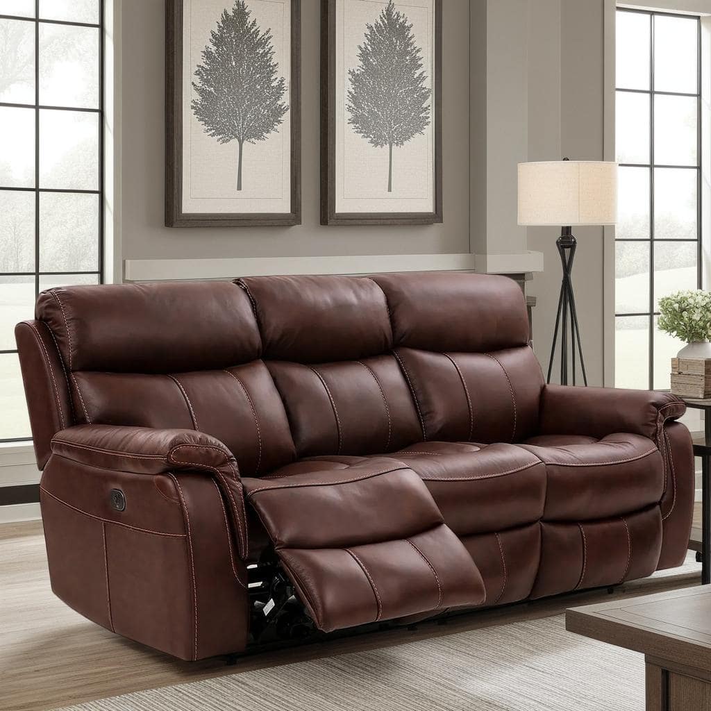 Montague Brown Leather Dual Power Headrest and Lumbar Support Reclining Sofa