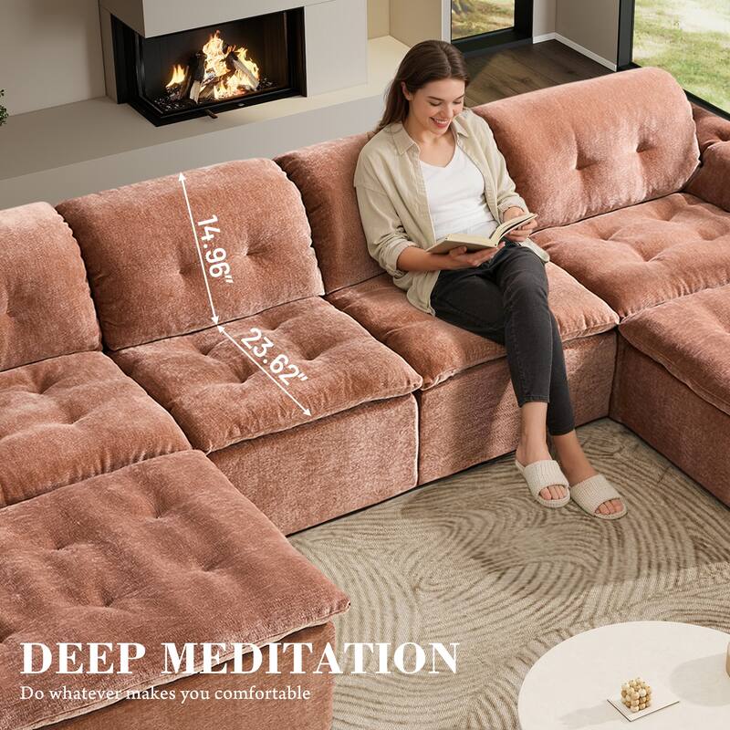 Rossetta 4-Seater Chenille Upholstery Modular Convertible Design Generous Seating Cushioned Sofa with 2 Versatile Ottomans