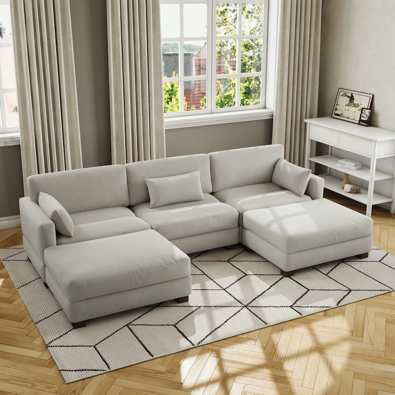 Corduroy Modular Sectional Sofa Couch With Chaise Ottoman - Sea Salt Grey-3Piece