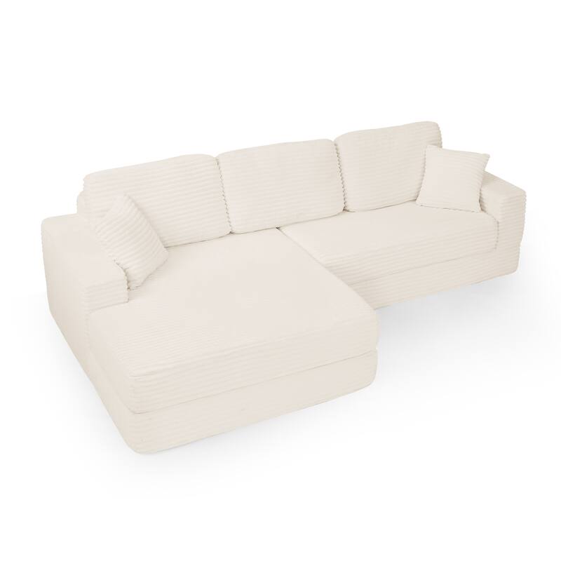 Modern Corduroy L-shaped Sectional Sofa with Chaise Expanded into Queen Size Floor Bed Comfy Compressed Sofa Couch