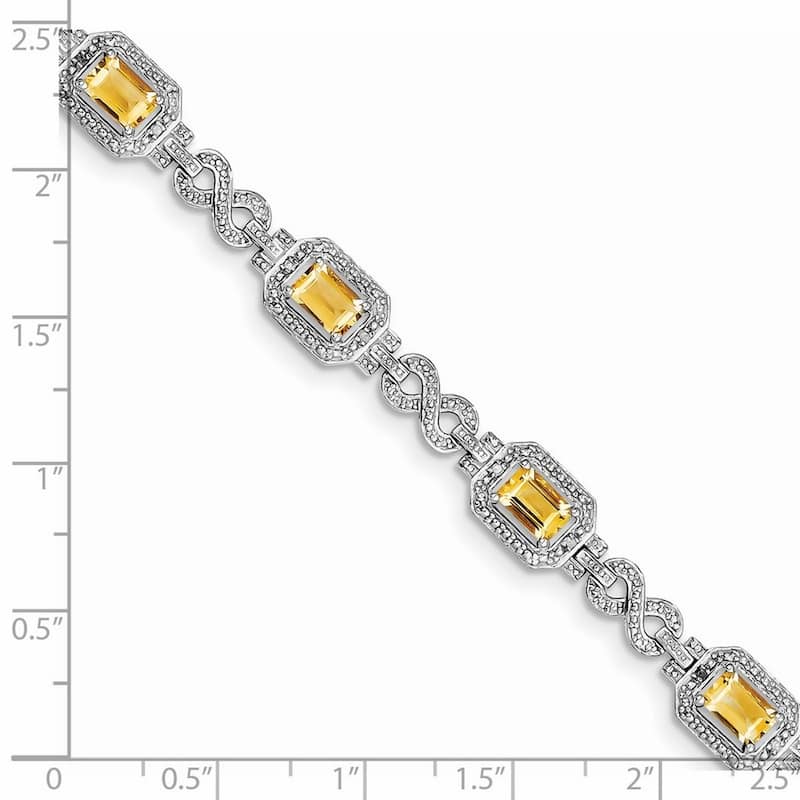 Curata 925 Sterling Silver Textured Polished Box Catch Closure Diamond and Citrine Bracelet