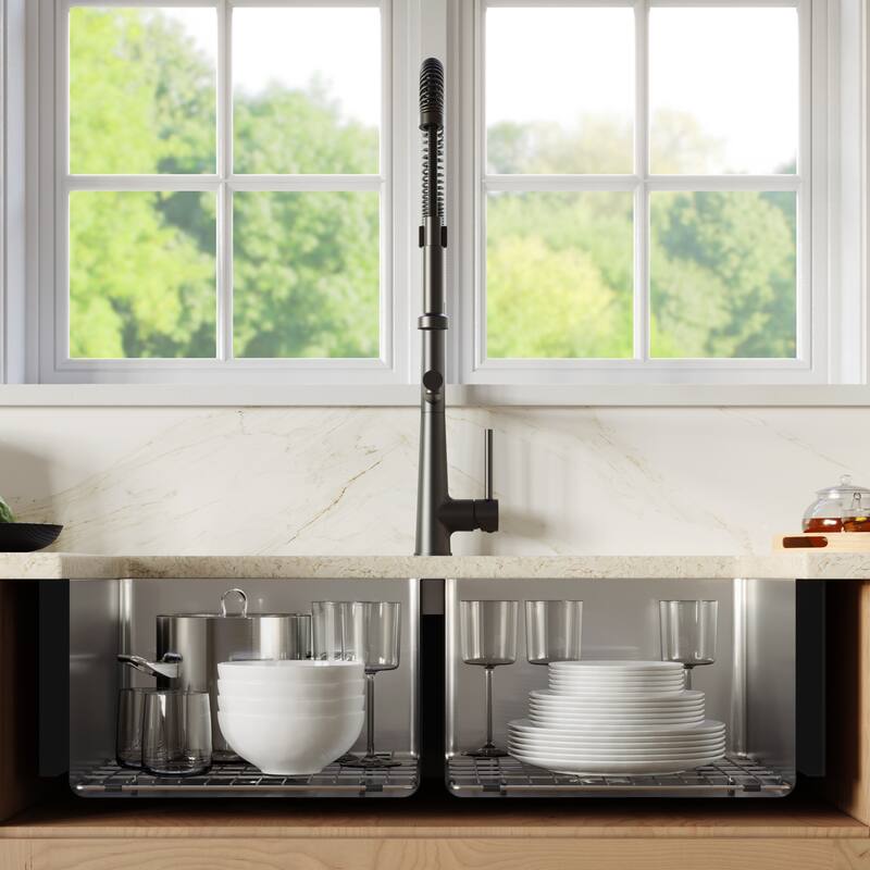 Karran Elite Apron-Front Stainless Steel 36 in. 16-Gauge Double Bowl Farmhouse Kitchen Sink Kit