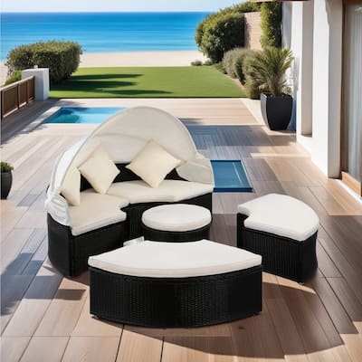 Outdoor Patio Rattan Wicker Round Daybed with Retractable Canopy