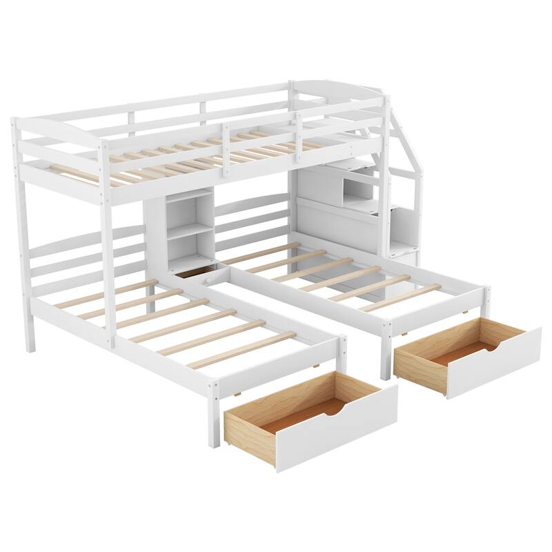 Roomfitters Twin Over Twin and Twin Triple Bunk Bed with Drawers and Storage Shelves