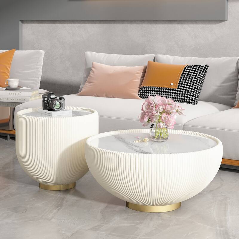 Light Marble Top Cup Shape Leather Coffee Table