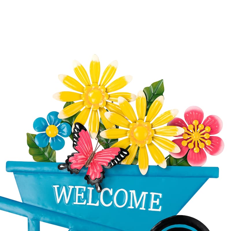 Glitzhome Easter Metal Wheel Barrow Garden Cart Yard Stake Spring Outdoor Decor