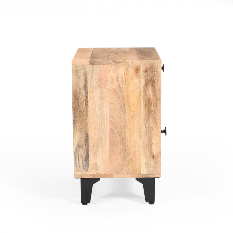 Roomfitters Solid Wood Nightstand, Hand-Carved Bedside Table Storage Cabinet with Drawer and Mango Wood Frame, Natural