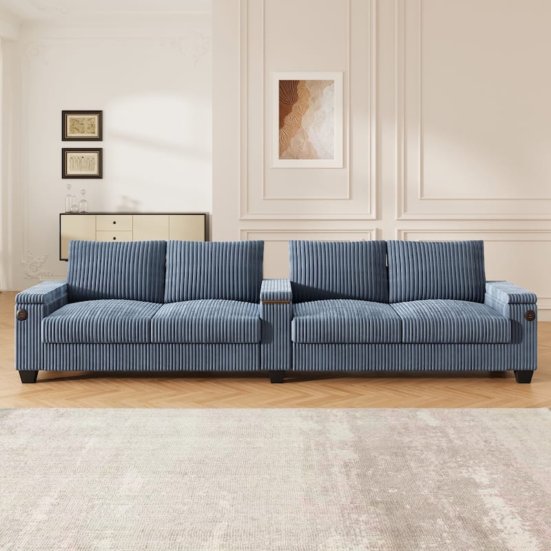 4-Seater Modern Corduroy Sofa Couch with USB Ports, Hidden Storage, and Flip-Top Cup Holders - Blue