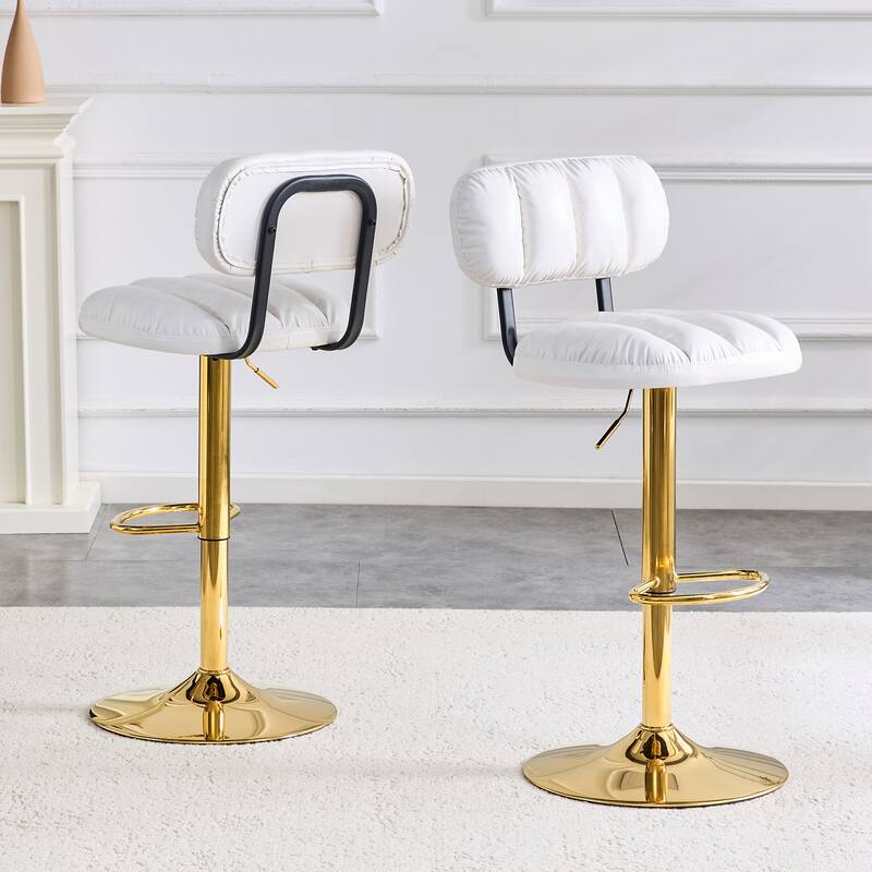 Set of 2 Modern Bar Stools with Adjustable Height, PU Leather Upholstered Stools with Metal Base & Footrest